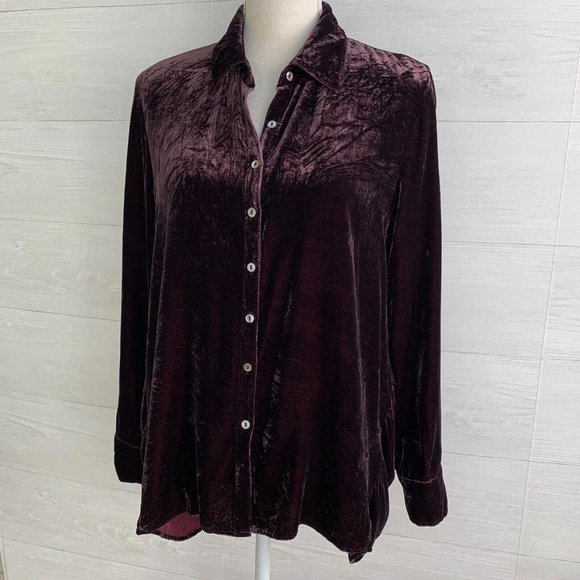 Sundance - Dark Burgundy button front crushed velvet top, PL - Picture 2 of 6